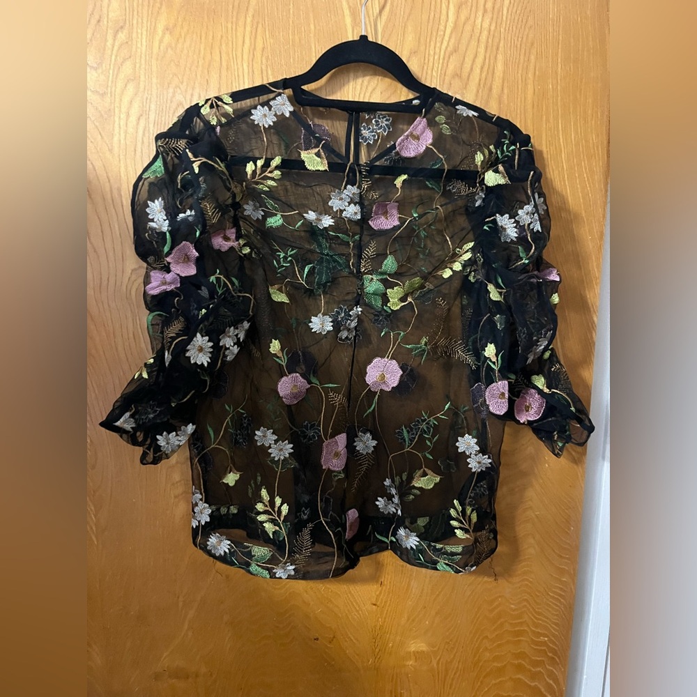 H&M Floral Embroidered Sheer Black Blouse M - Picture 2 of 9